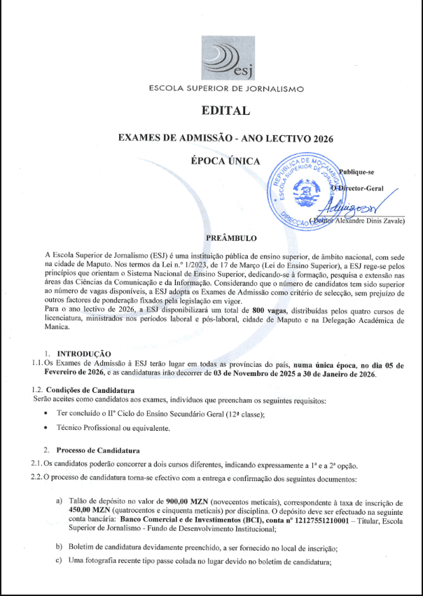 Capa de Edital de Admissão ESJ 2026 (PDF Oficial Moçambique)
