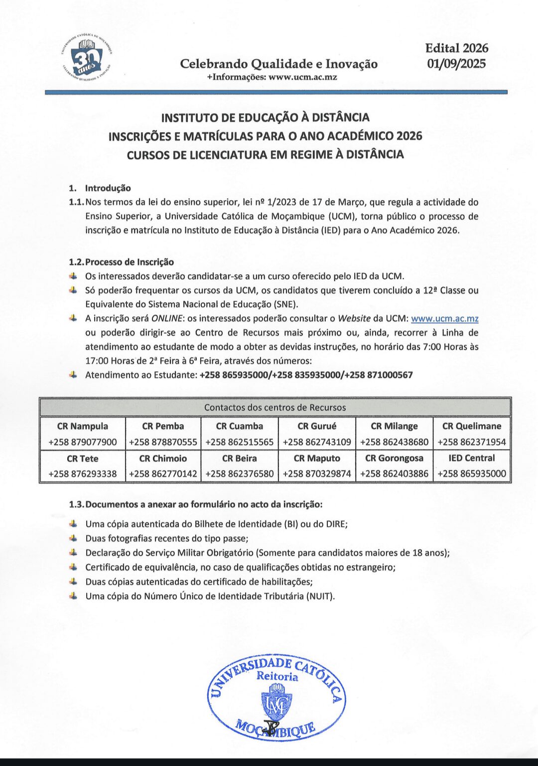 Capa de Edital de Admissão UCM 2026