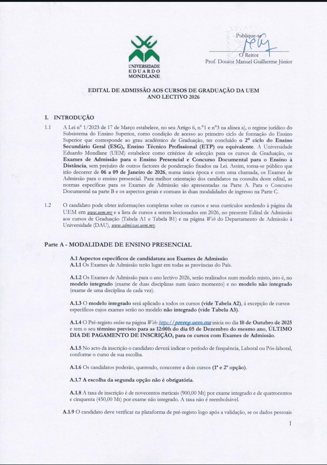 Capa de Edital de Admissão UEM 2026