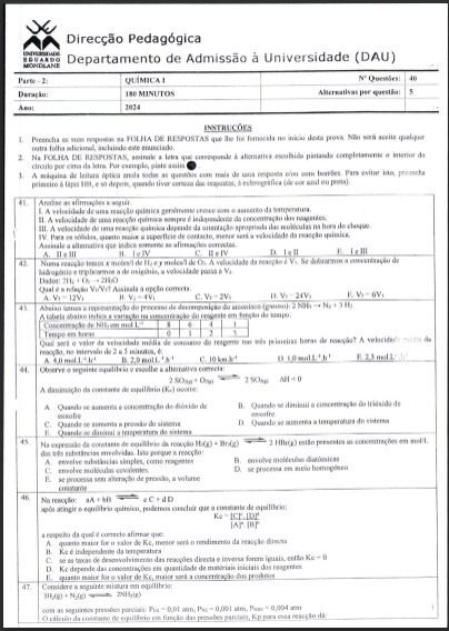 Capa de Exame de Admissão Química I UEM 2024 (PDF Moçambique)