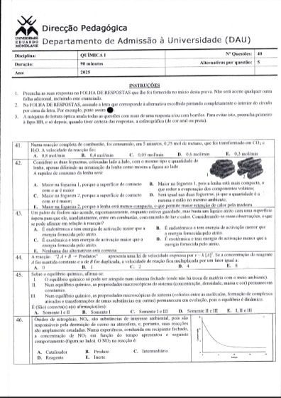 Capa de Exame de Admissão Química I UEM 2025 (PDF Moçambique)
