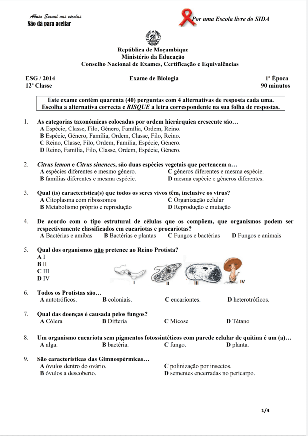 Capa de Exame de Biologia 2014 – 1ª Época