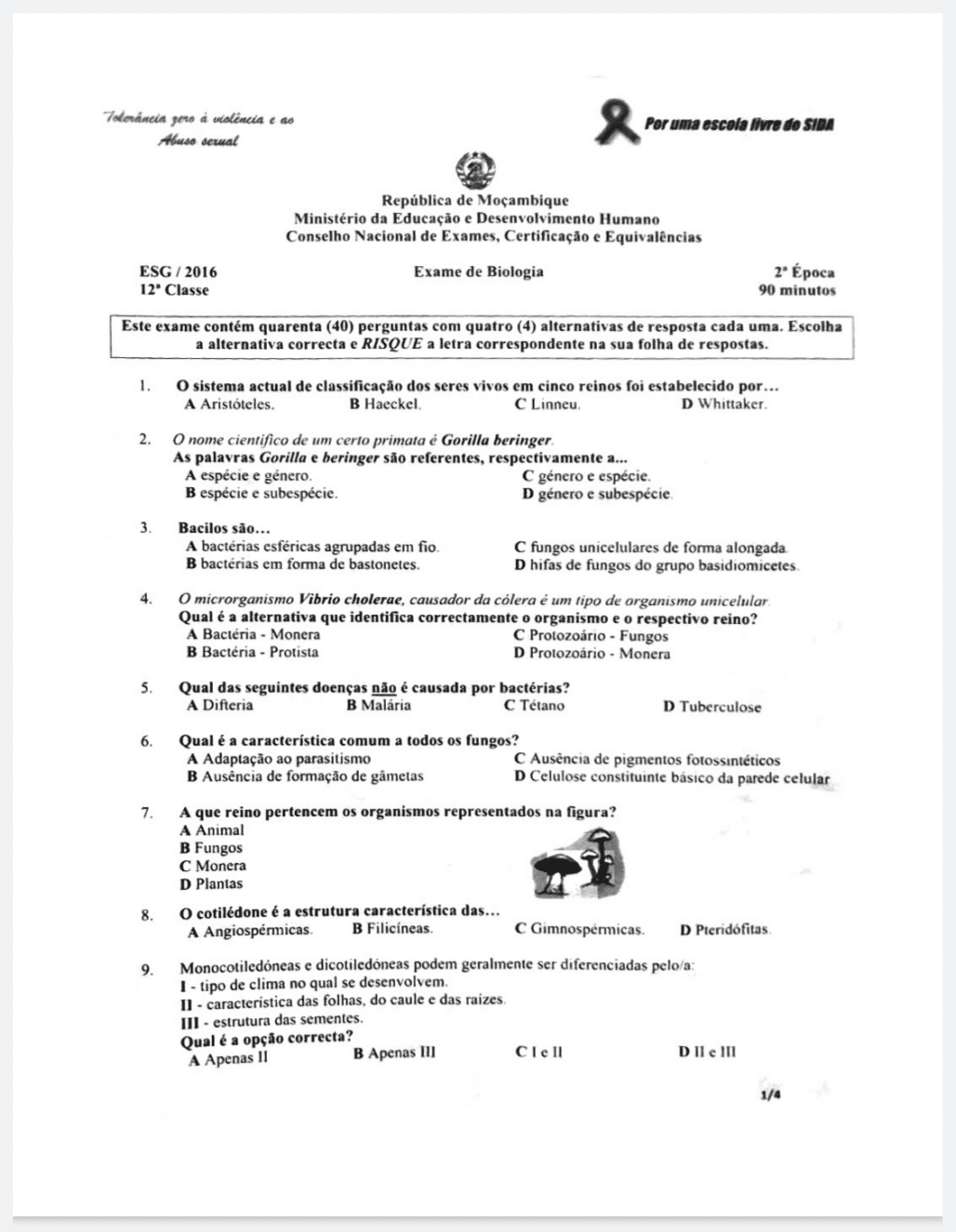 Capa de Exame de Biologia 2016 – 2ª Época
