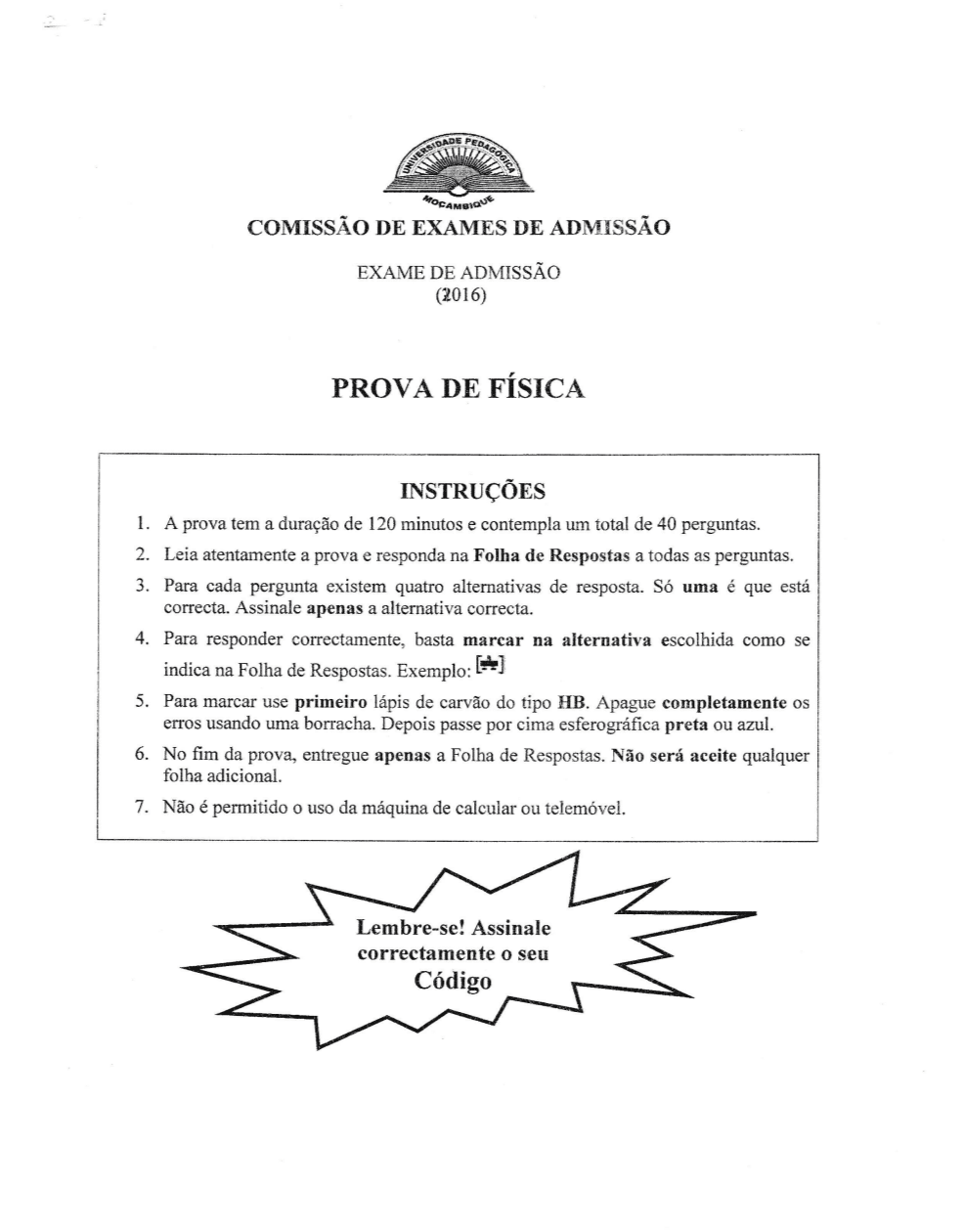 Capa de Exame de Física 2014 - Universidade Pedagógica (UP)