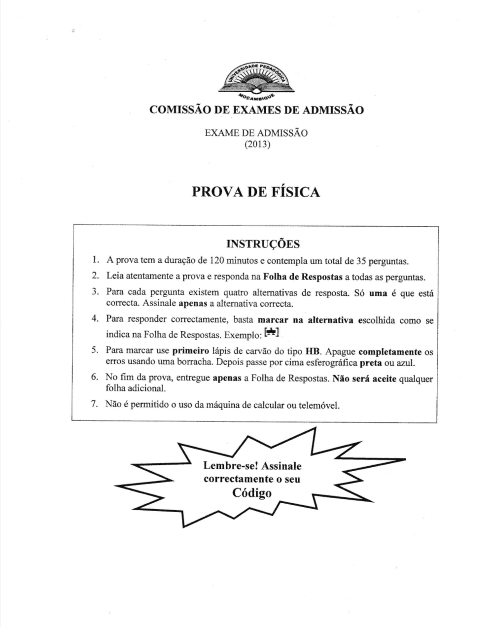 Capa de Exame de Física 2016 - Universidade Pedagógica (UP)
