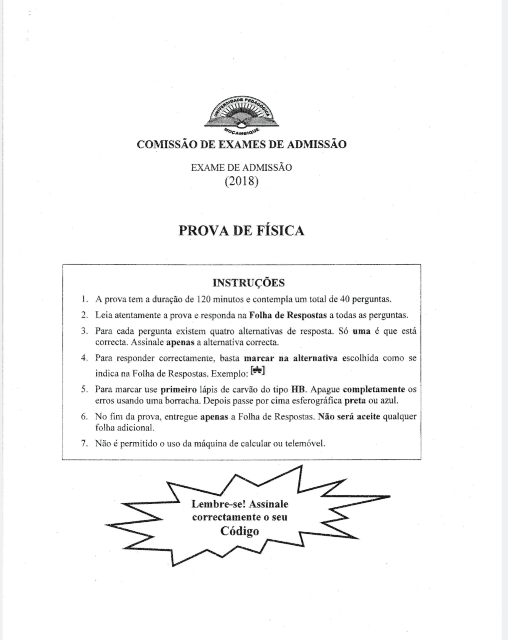 Capa de Exame de Física 2019 - Universidade Pedagógica (UP)