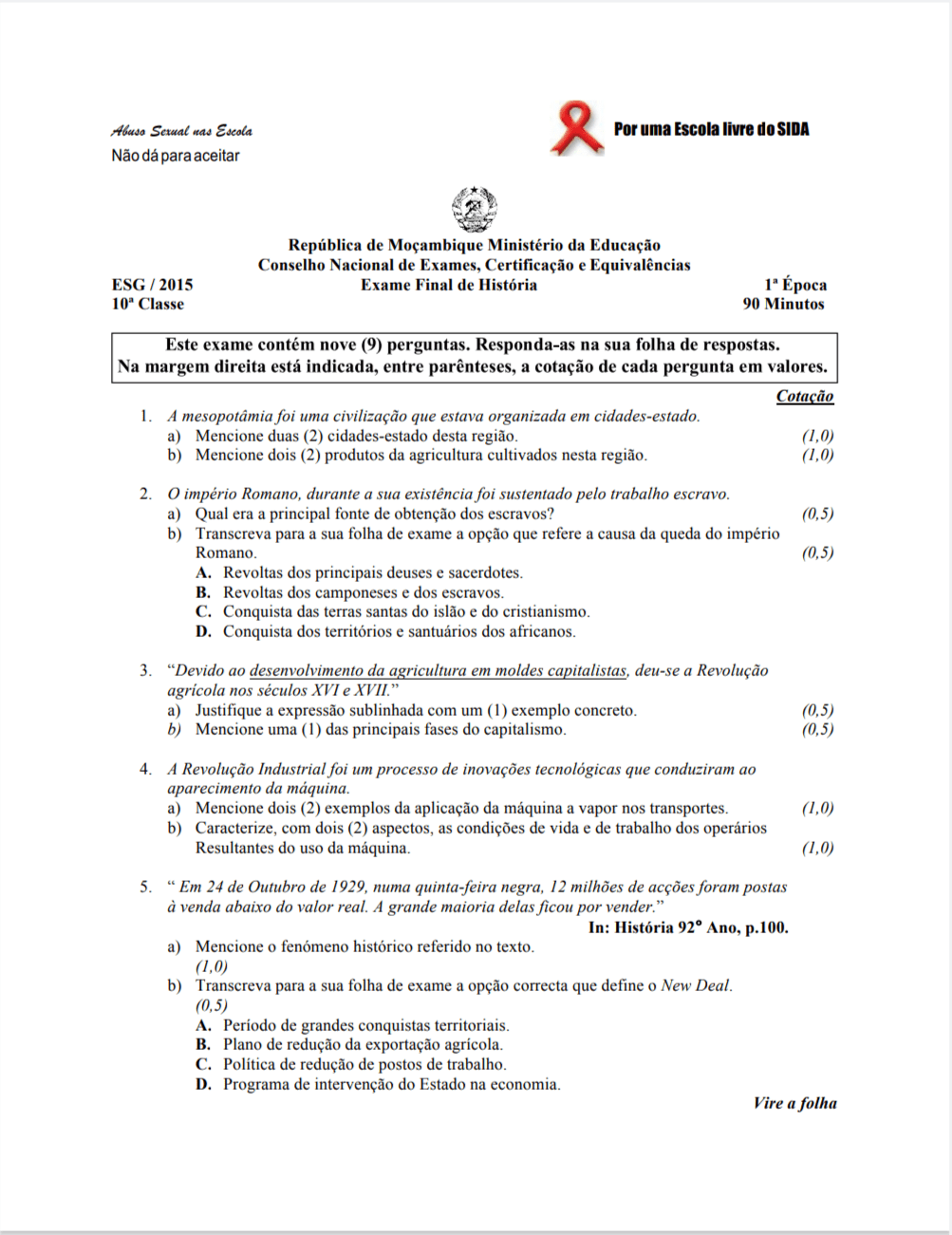 Capa de Exame de História 10ª Classe 2015 1ª Época (PDF)