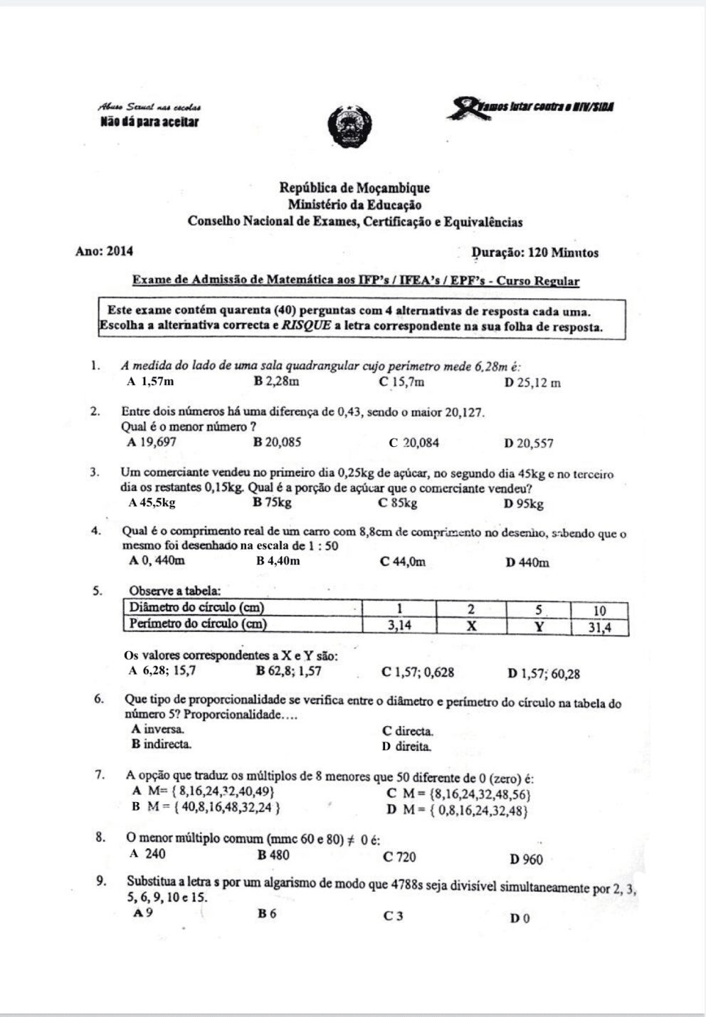 Capa de Exame de Matemática 12ª Classe 2014