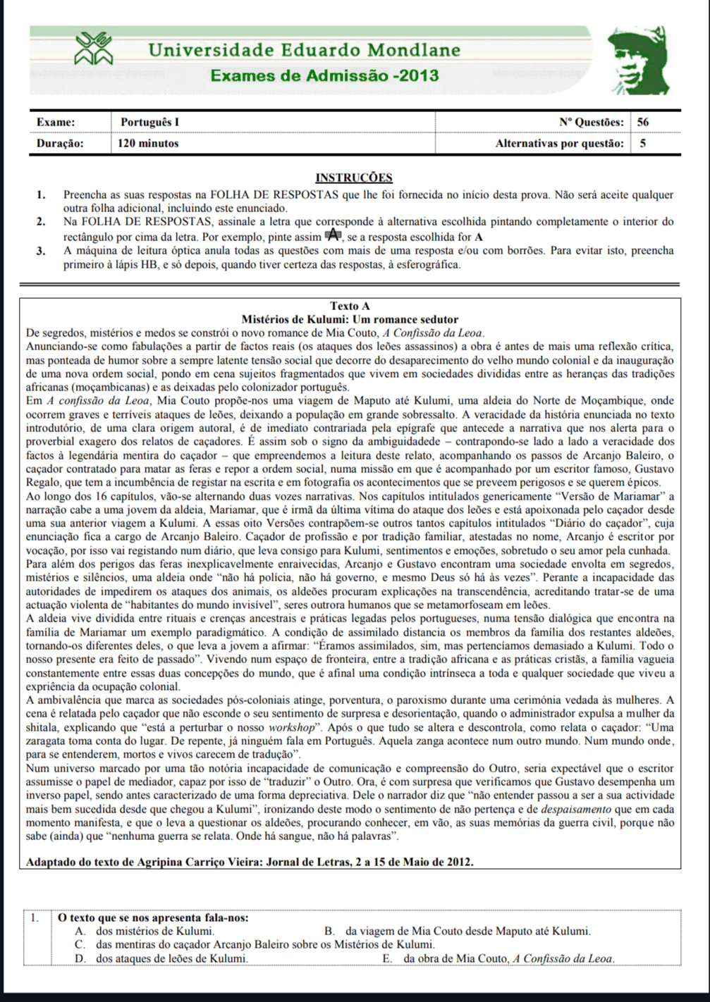 Capa de Exame de Português 2013 -  (UEM)