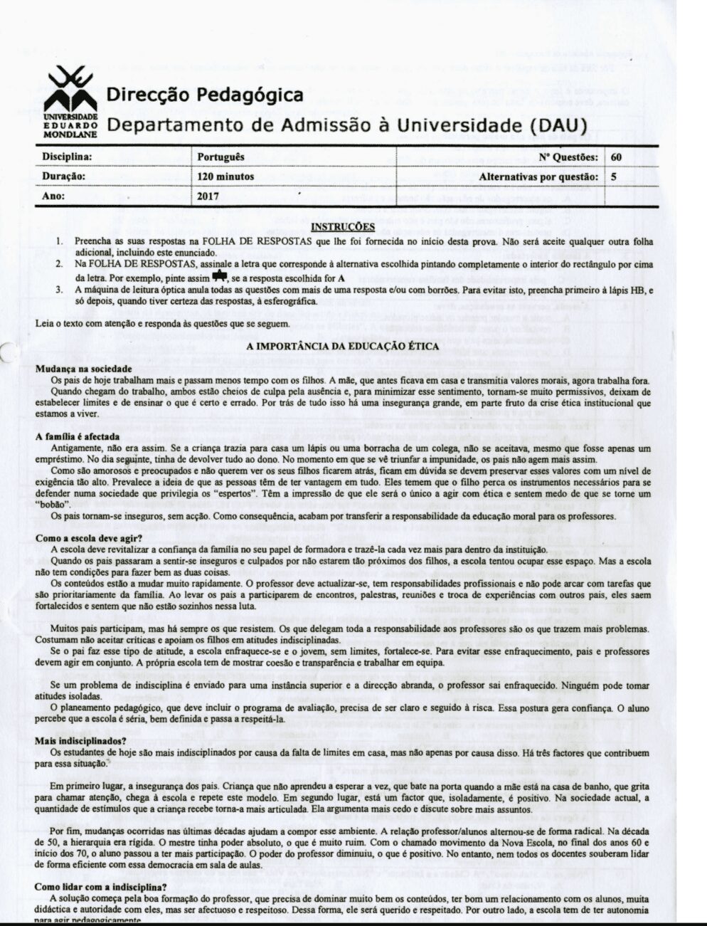 Capa de Exame de Português 2017 - Universidade Eduardo Mondlane (UEM)