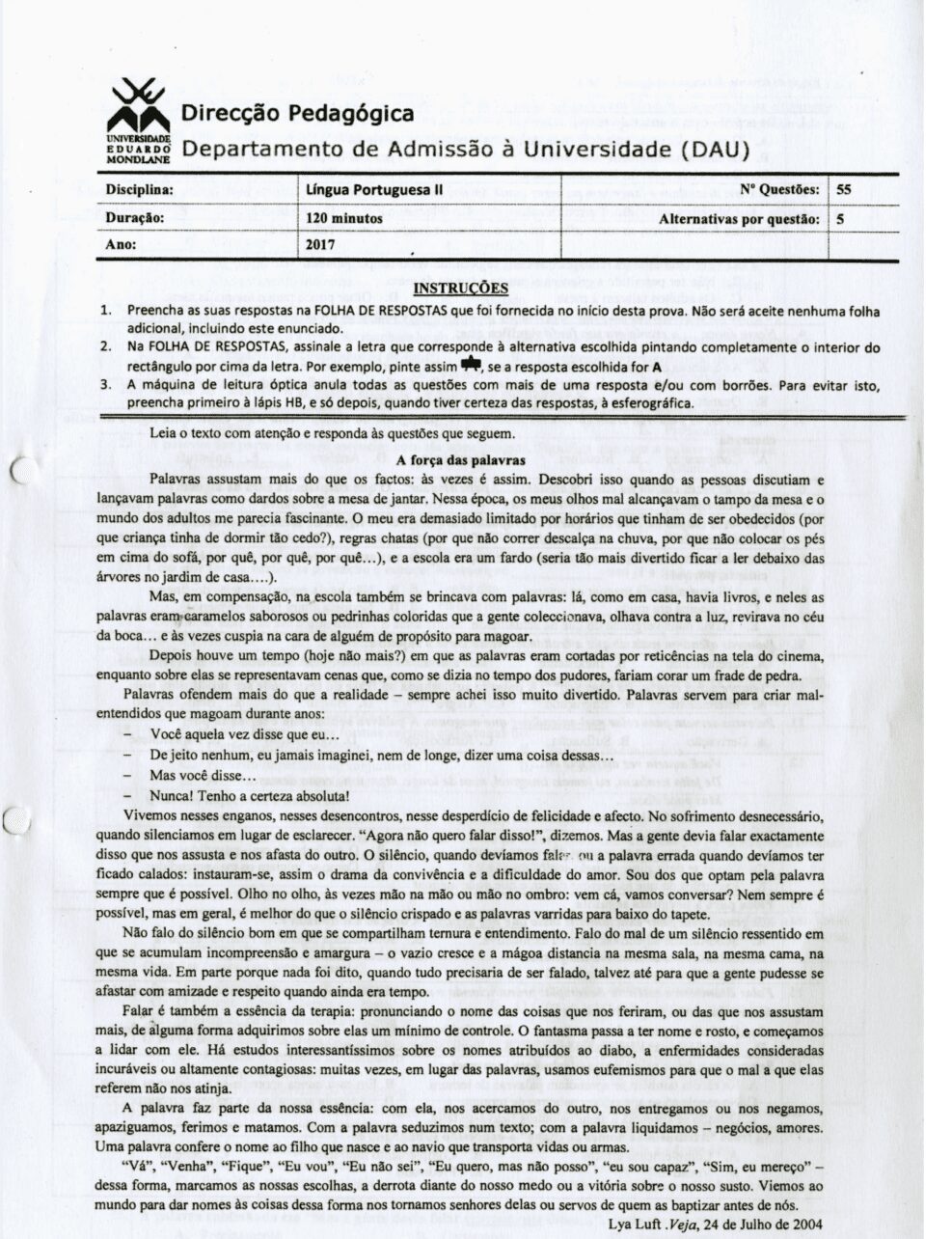 Capa de Exame de Português II 2017 - Universidade (UEM)
