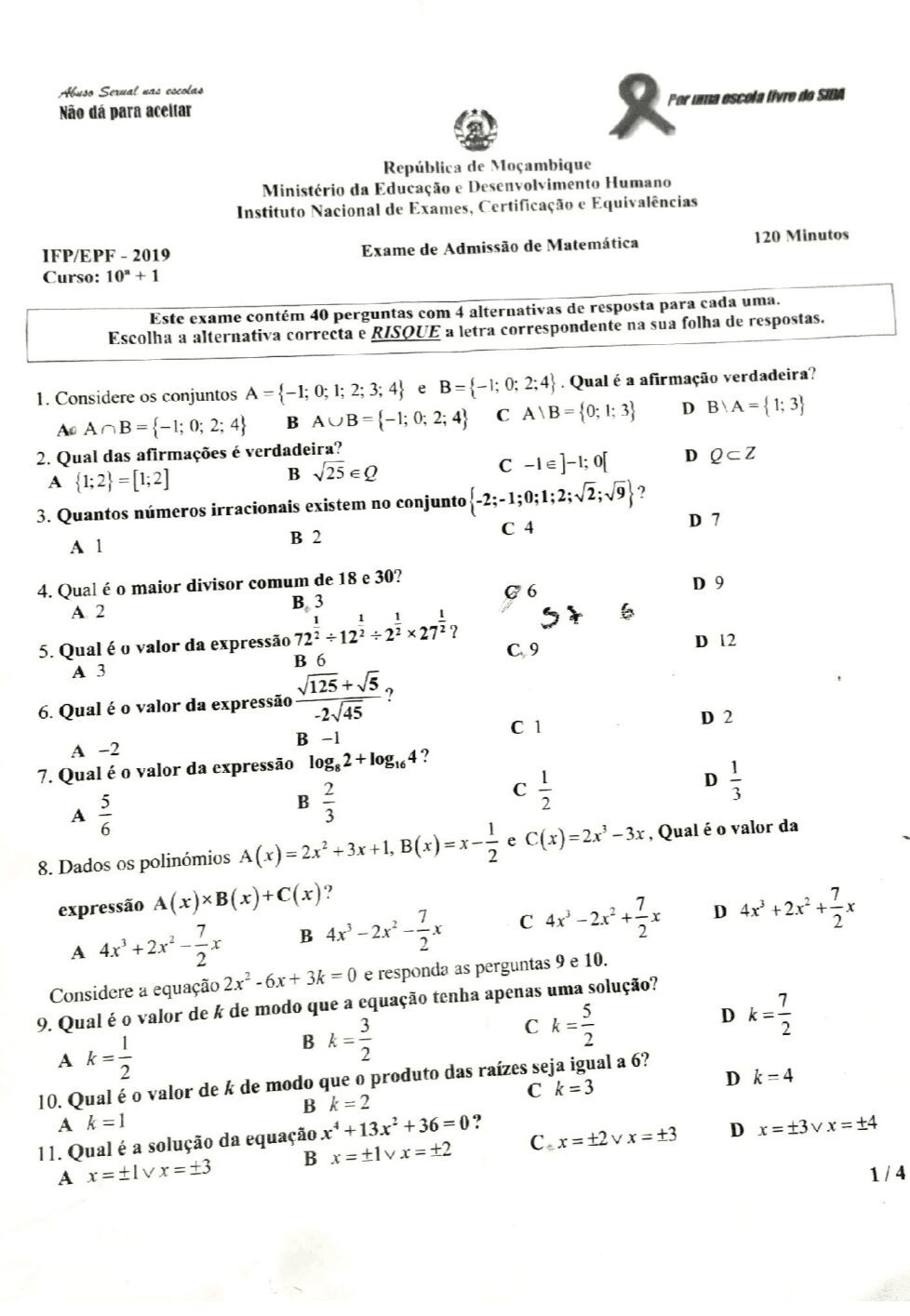 Capa de Exame de Química – 12ª Classe – 1ª Época – 2014 (PDF)
