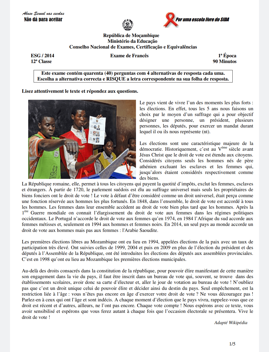 Capa de Exame Nacional de Francês 2014 – 1ª Época