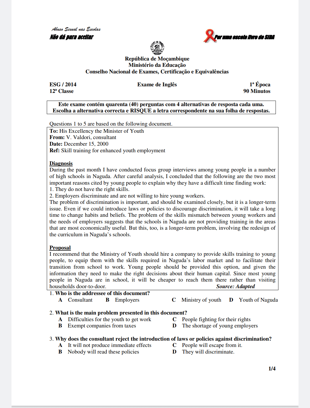 Capa de Exame Nacional de Inglês 2014 – 1ª Época, Ensino Secundário
