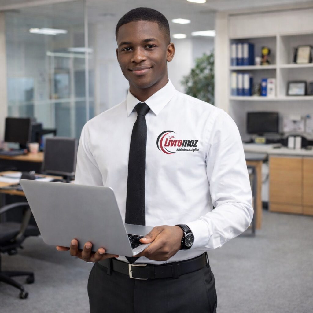 Representante da LivroMoz com um computador