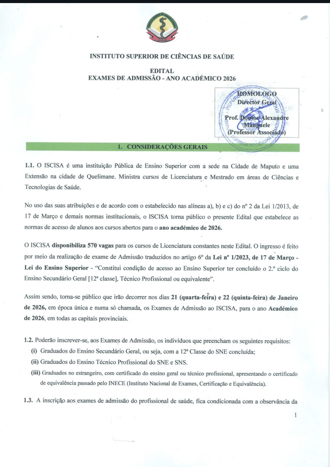 EXAMES DE ADMISSÃO - ANO ACADÉMICO 2026