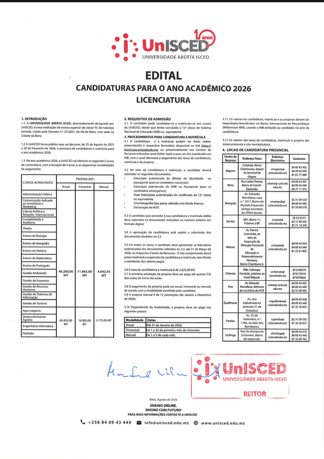 UNISCED, Universidade Aberta ISCED, Admissão 2026, Ensino à Distância, Moçambique, Edital PDF, Candidaturas