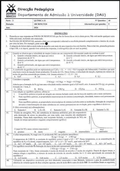 exame de admissão química II UEM 2024 pdf